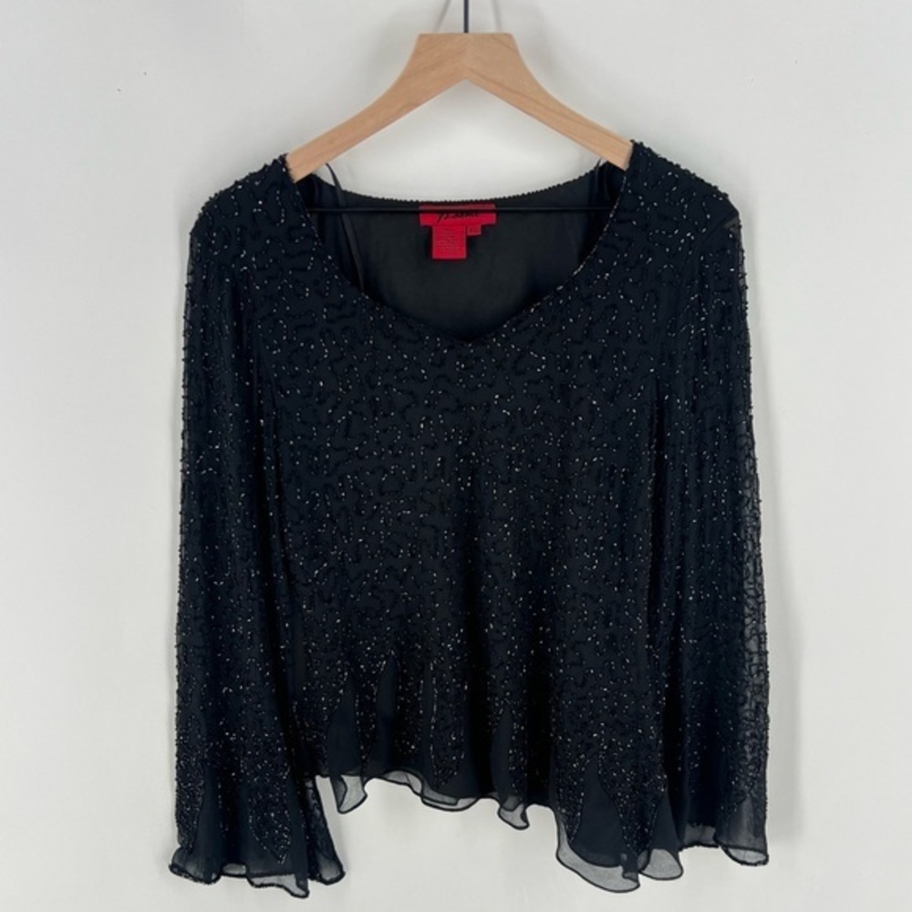 J Laxmi Black‎ All Over Beading Sheer Chiffon Flate Sleeve Asymmetrical Blouse